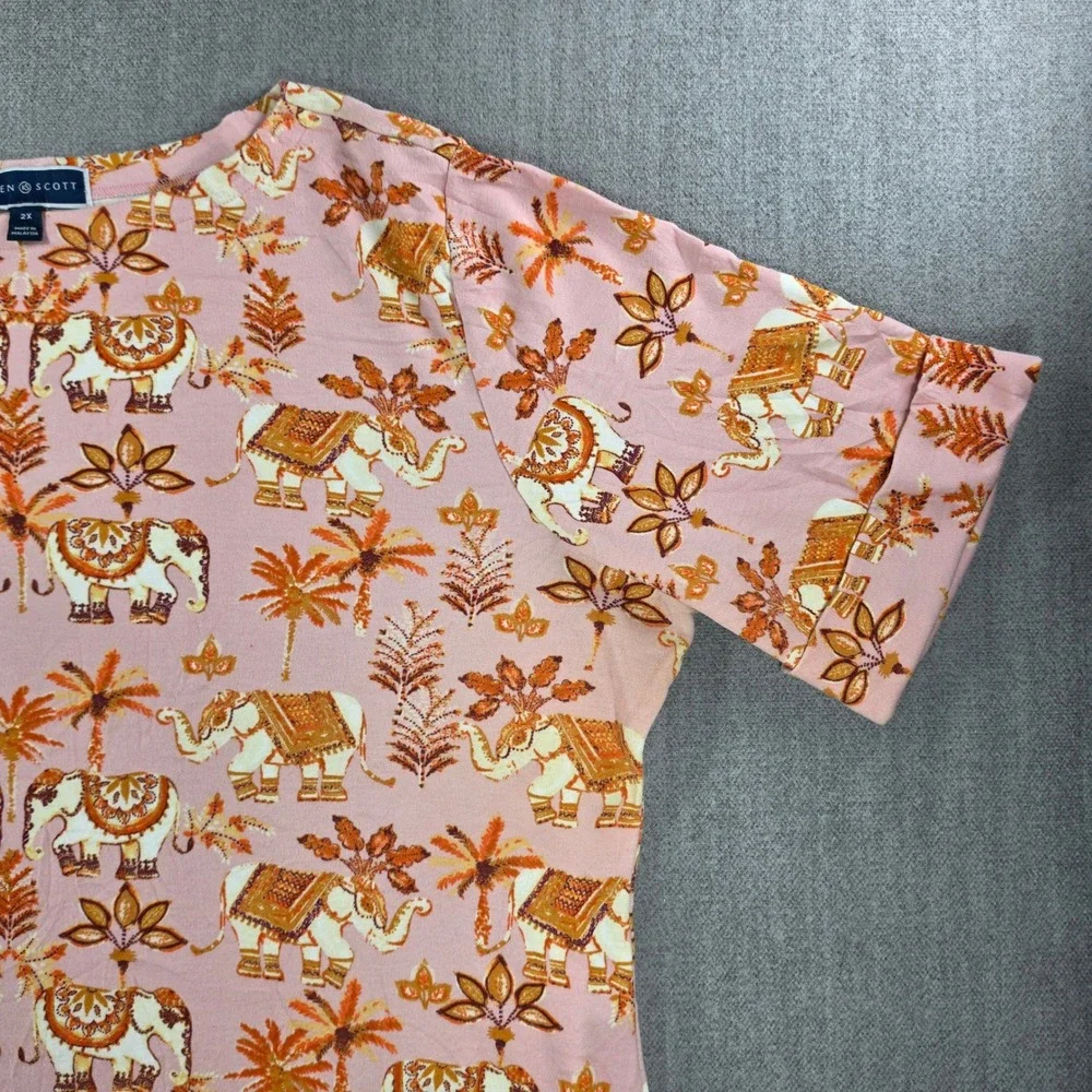 Karen Scott T-Shirt Women 2X Pink Elephant Palm Tree Print Cuffed Short Sleeve